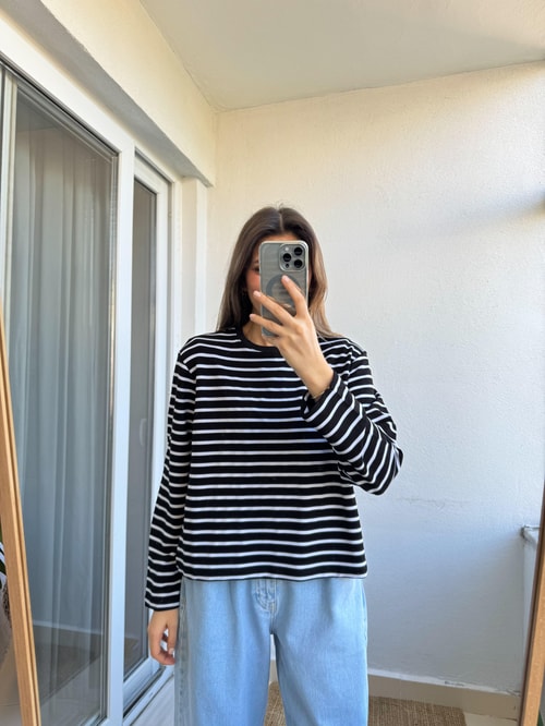 Siyah Çizgili Vatkalı Basic Bluz