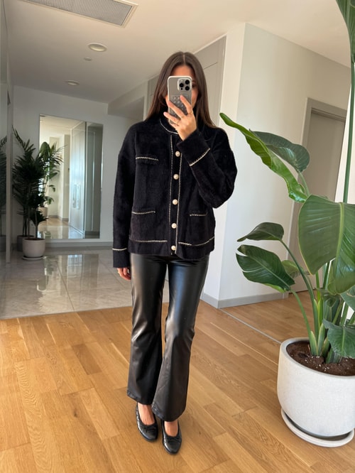 Siyah Flare Kesim Suni Deri Pantolon