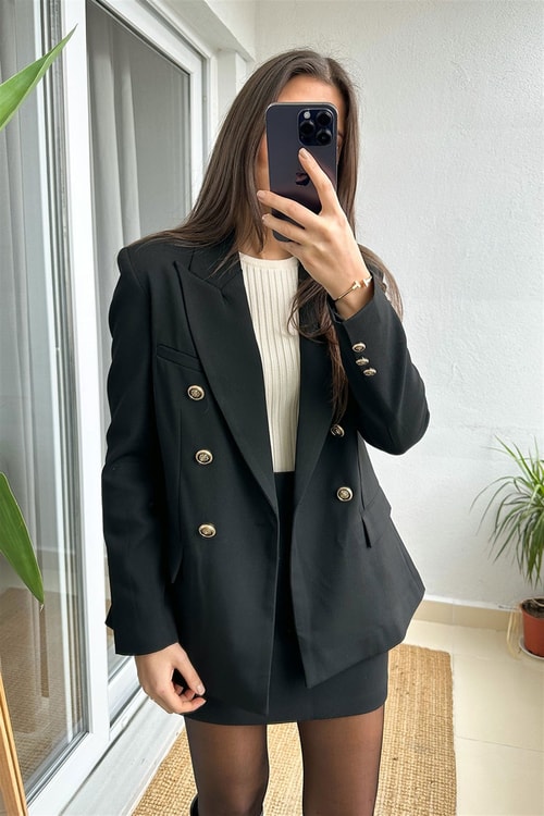 Siyah Kruvaze Gold Düğmeli Blazer Ceket