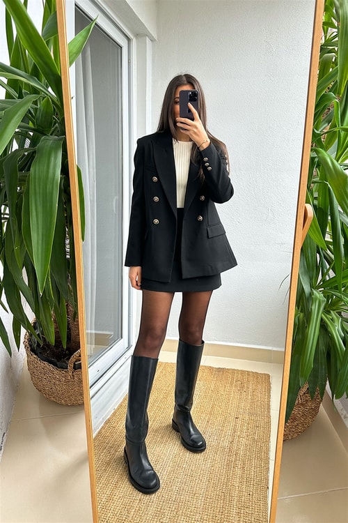 Siyah Kruvaze Gold Düğmeli Blazer Ceket