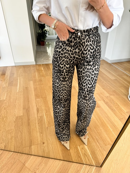 Siyah Vizon Leopar Desenli Jean