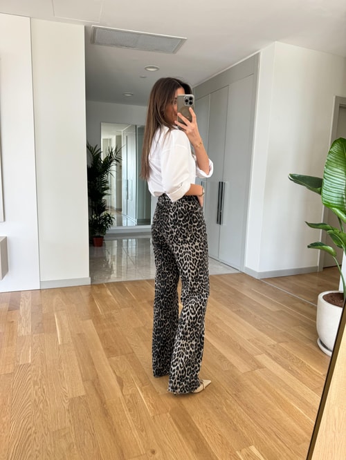 Siyah Vizon Leopar Desenli Jean