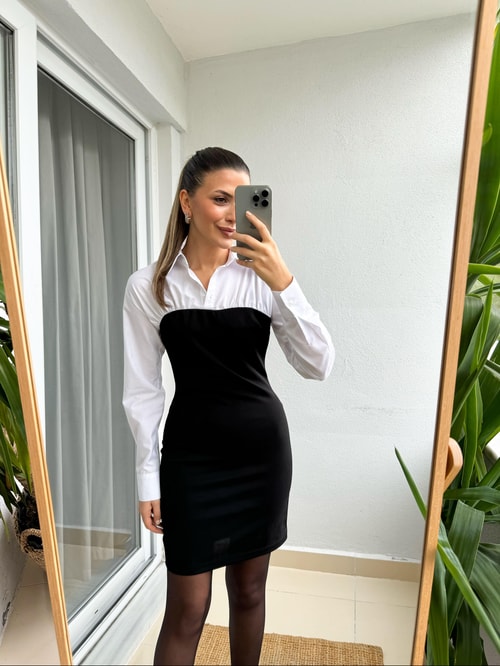 Straplez Gömlek Detaylı Elbise