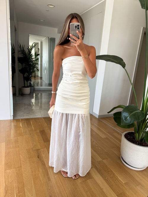 Straplez Kombinasyonlu Elbise - Ekru