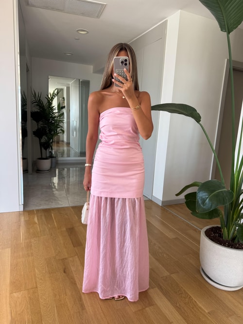 Straplez Kombinasyonlu Elbise -Pembe