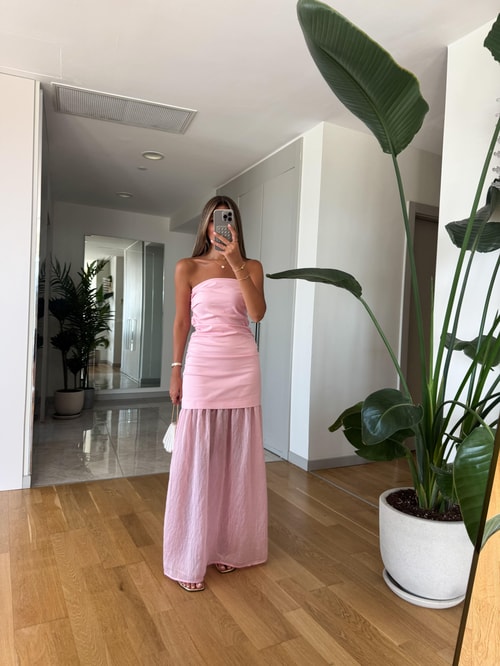 Straplez Kombinasyonlu Elbise -Pembe