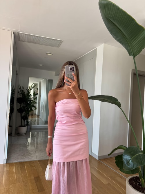 Straplez Kombinasyonlu Elbise -Pembe