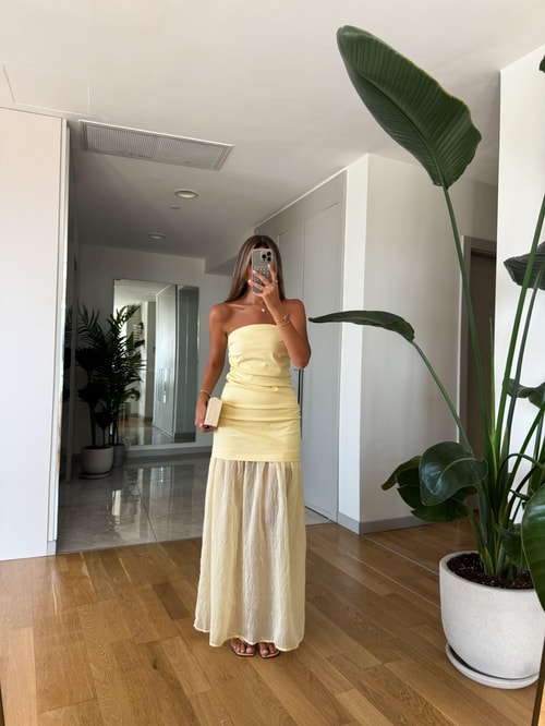 Straplez Kombinasyonlu Elbise -Sarı