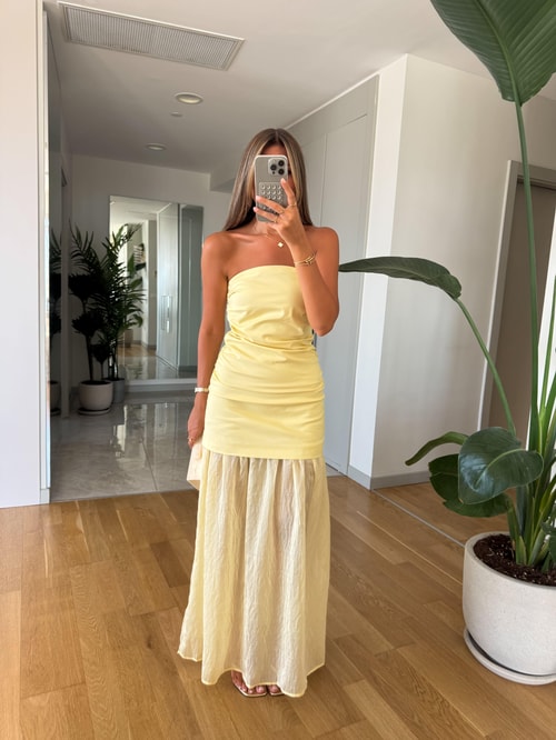 Straplez Kombinasyonlu Elbise -Sarı