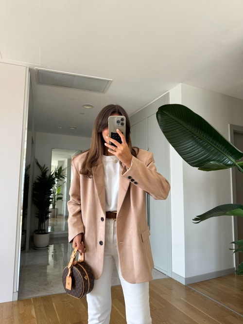 Süet Blazer Ceket-Bej