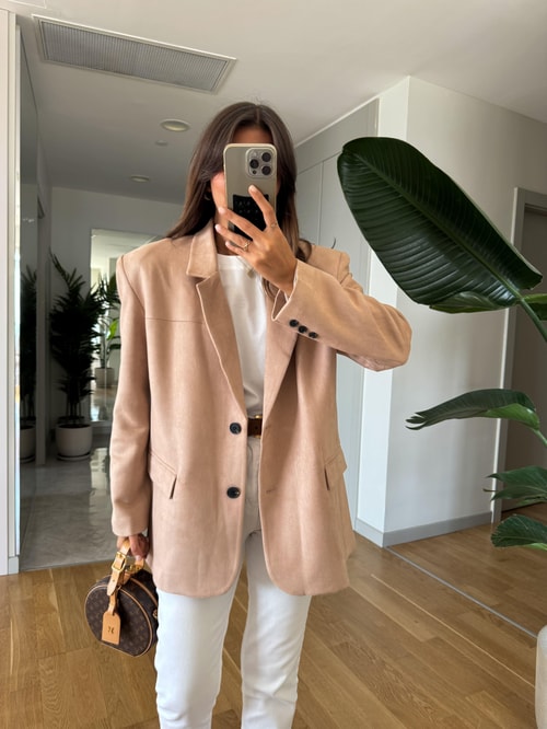Süet Blazer Ceket-Bej