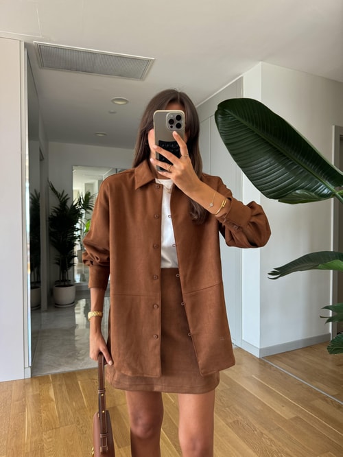 Süet Oversize Gömlek-Taba