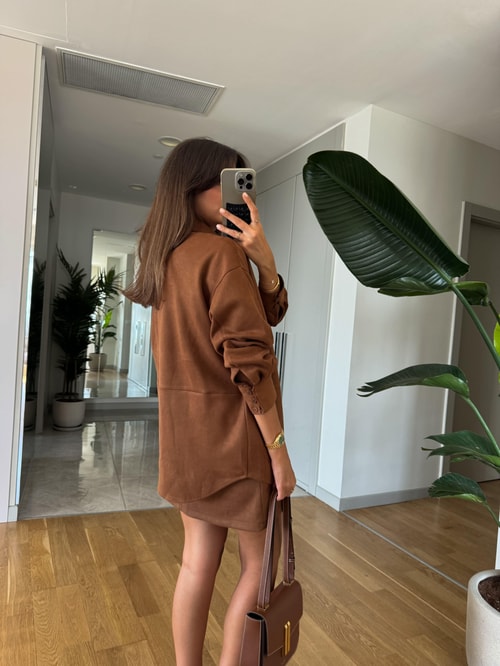 Süet Oversize Gömlek-Taba