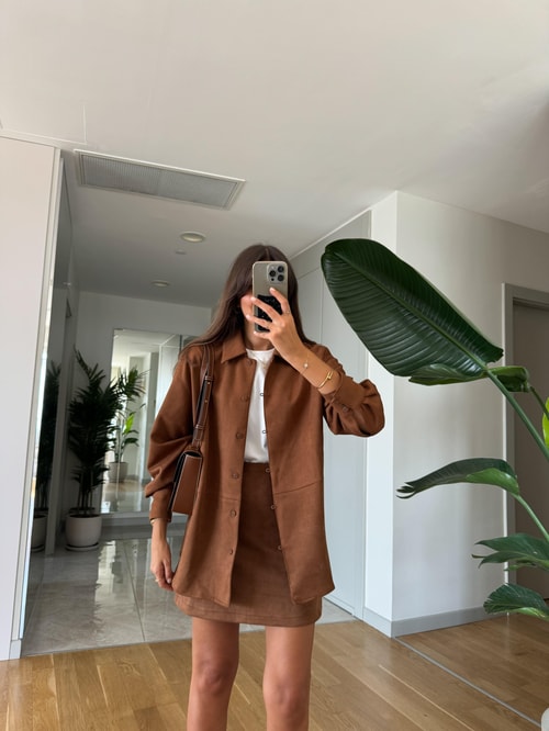 Süet Oversize Gömlek-Taba