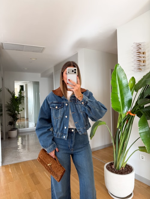 Süet Yakalı Denim Ceket - Mavi 