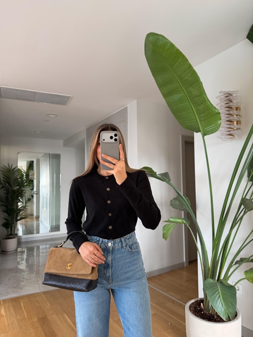 Swite Bisiklet Yaka Düğmeli Triko Hırka - Siyah