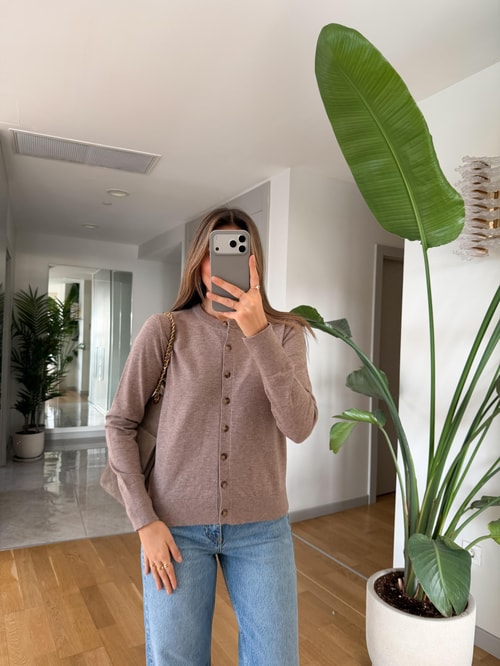 Swite Bisiklet Yaka Düğmeli Triko Hırka - Bej