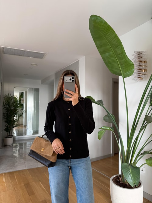 Swite Bisiklet Yaka Düğmeli Triko Hırka - Siyah