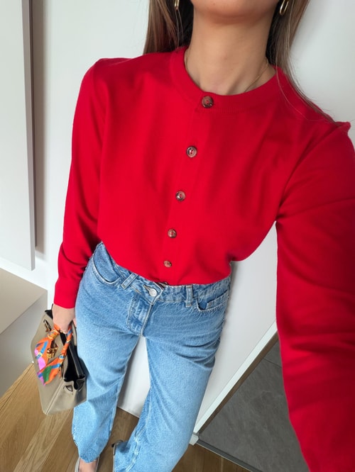 Swite Bisiklet Yaka Düğmeli Triko Hırka - Kırmızı