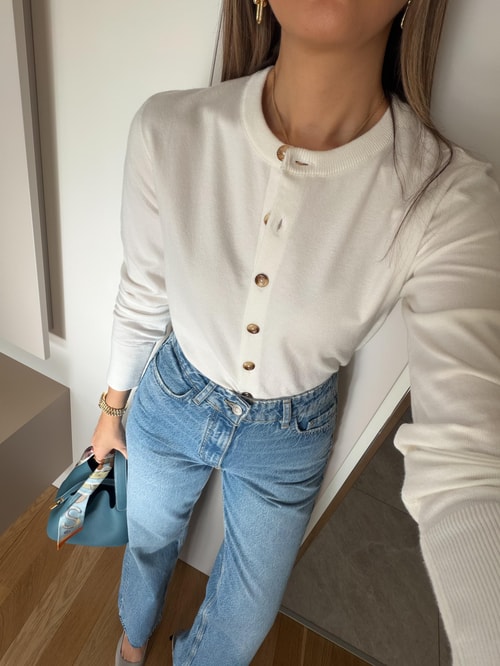 Swite Bisiklet Yaka Düğmeli Triko Hırka - Ekru