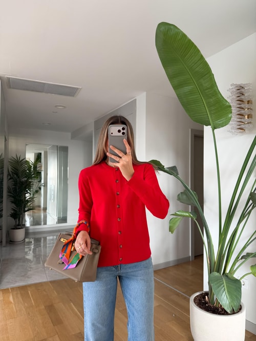 Swite Bisiklet Yaka Düğmeli Triko Hırka - Kırmızı