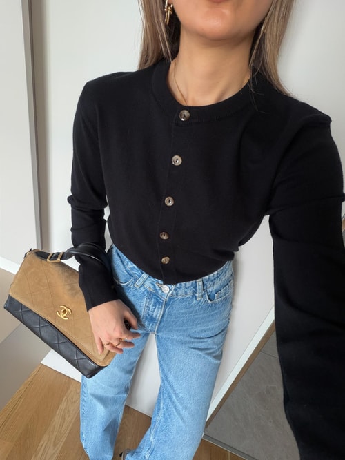 Swite Bisiklet Yaka Düğmeli Triko Hırka - Siyah