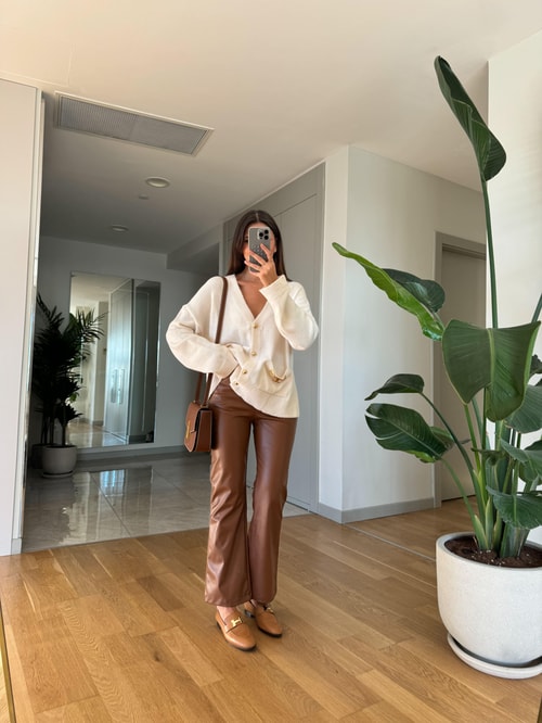 Taba Flare Kesim Suni Deri Pantolon