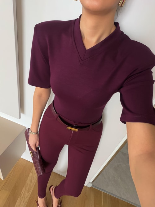 Tarte Vatkalı V Yaka Bodysuit - Mürdüm