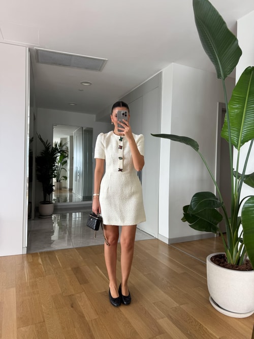 Taş Düğmeli Tüvit Elbise- Ekru