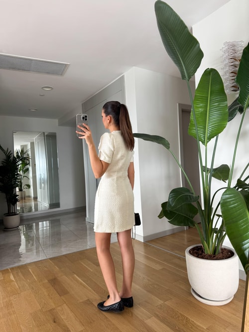 Taş Düğmeli Tüvit Elbise- Ekru