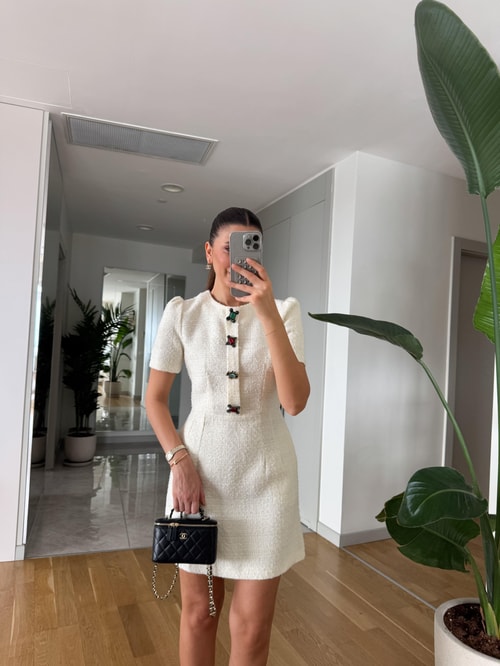 Taş Düğmeli Tüvit Elbise- Ekru