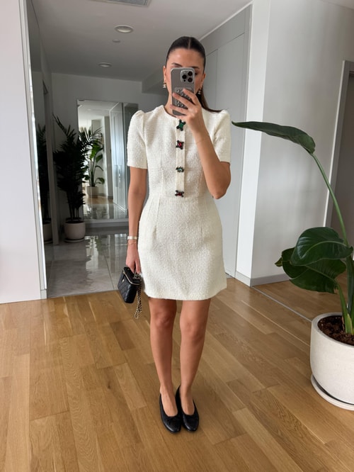 Taş Düğmeli Tüvit Elbise- Ekru