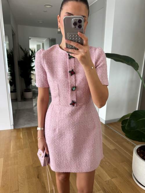 Taş Düğmeli Tüvit Elbise- Pembe