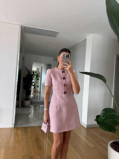Taş Düğmeli Tüvit Elbise- Pembe