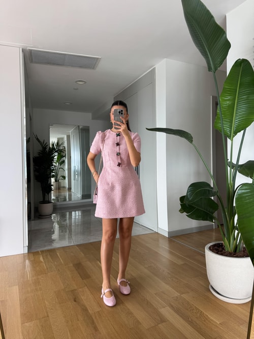 Taş Düğmeli Tüvit Elbise- Pembe
