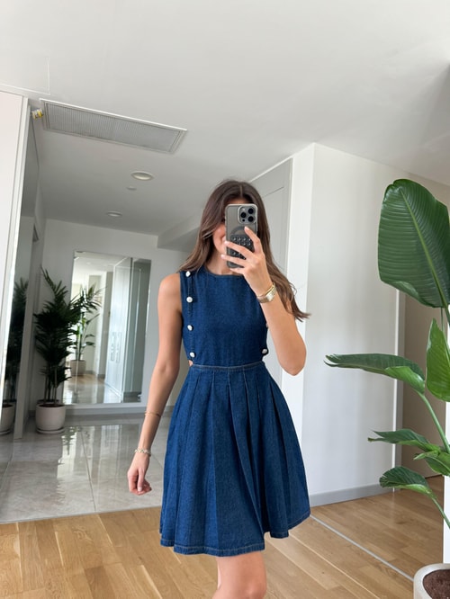 Taş Düğmeli Denim Elbise