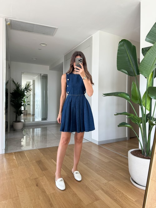 Taş Düğmeli Denim Elbise