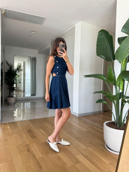 Taş Düğmeli Denim Elbise
