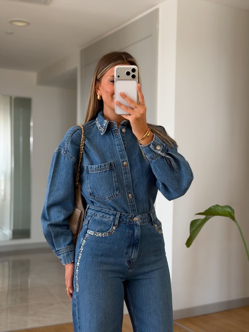 Taş İşlemeli Gömlek Pantolon Denim Takım