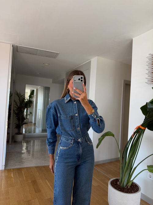 Taş İşlemeli Gömlek Pantolon Denim Takım
