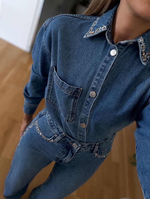 Taş İşlemeli Gömlek Pantolon Denim Takım