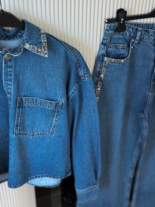 Taş İşlemeli Gömlek Pantolon Denim Takım