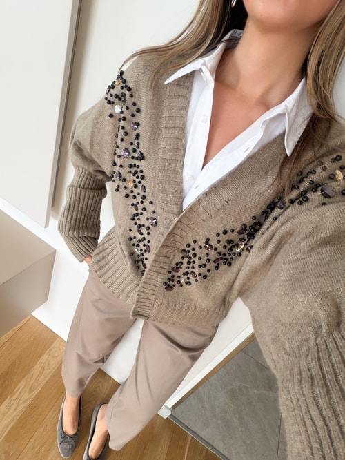 Taş Ve Boncuk Detaylı Hırka - Vizon