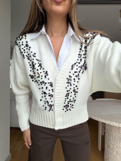 Taş VeBoncuk Detaylı Hırka - Ekru 