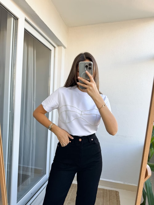 Taşlı Basic Tişört- Beyaz