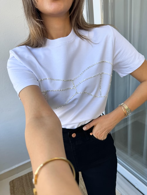 Taşlı Basic Tişört- Beyaz