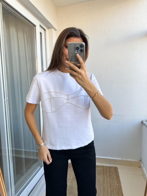 Taşlı Basic Tişört- Beyaz