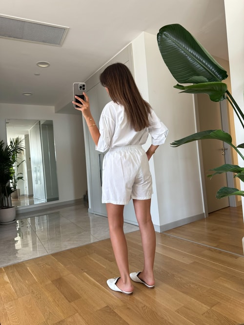 Taşlı Gömlek Şort Takım-Beyaz