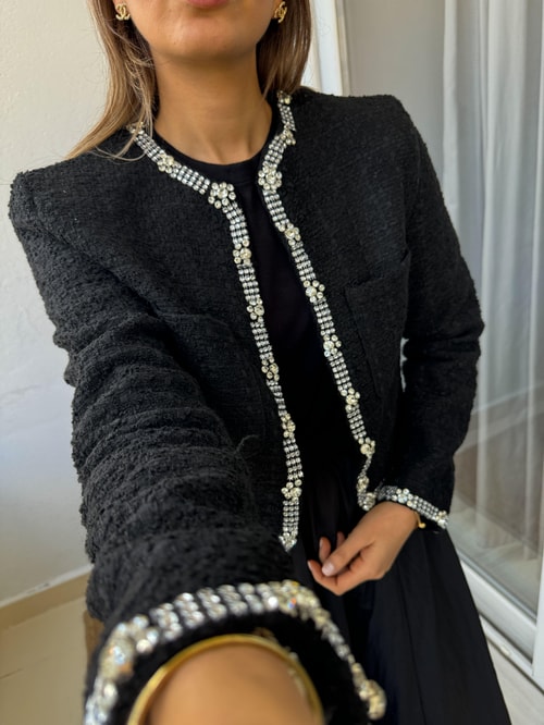 Taşlı Tüvit Ceket-Siyah