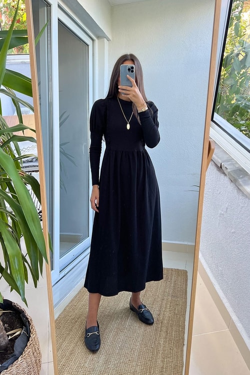 Topshop Siyah Uzun Kollu Fırfırlı Elbise